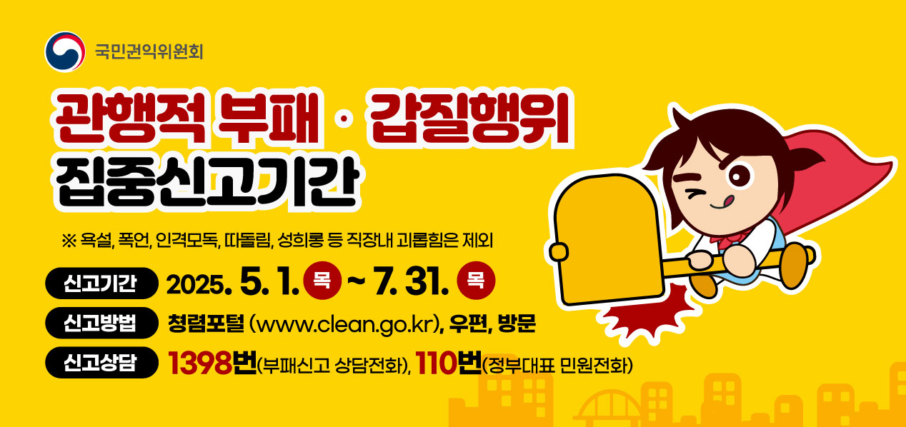 관행적 부패 · 갑질행위 등 행동강령 위반행위 집중신고기간 -2025년 5월 1일 목요일 부터 7월 31일 목요일까지. 신고방법- 청렴포털 (www.clean.go.kr), 우편, 방문. 신고상담은 1398번 (부패신고 상담전화), 110번 (정부대표 민원전화)